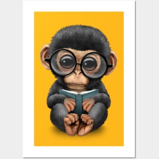 Cute Baby Chimpanzee Reading a Book Posters and Art